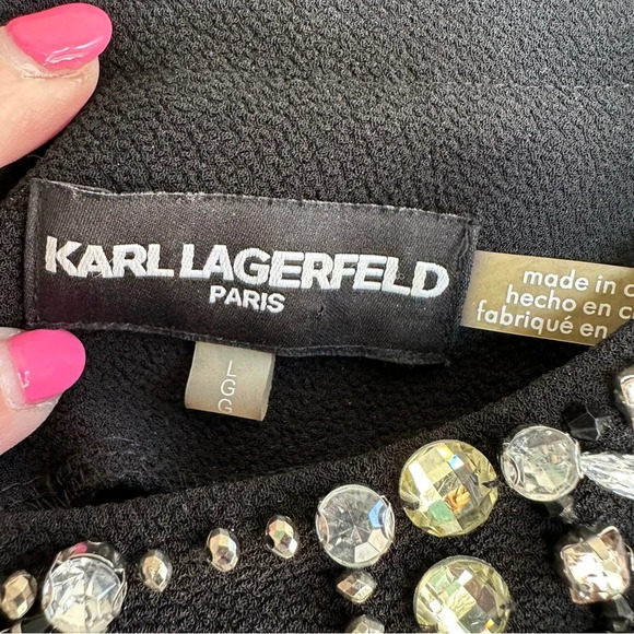 Karl Lagerfeld Paris Black Rhinestone Blouse Top Embellished Crystals Size Large - Picture 7 of 12